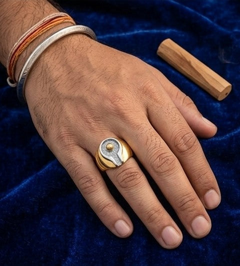 Divine Mahadev Signature Ring – Handcrafted Gold & Silver Shivalingam Design Ring