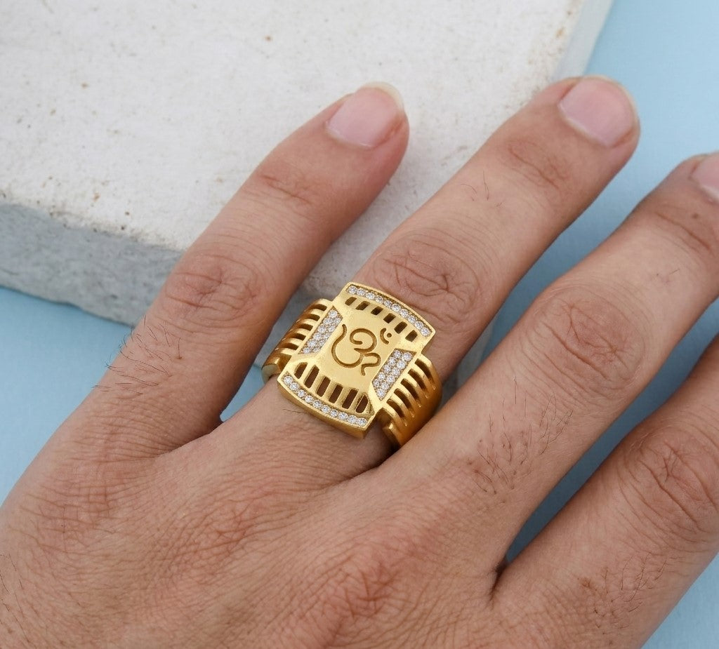 Gold-Plated Spiritual Om Ring – Adjustable Designer Band with American Diamond Accents