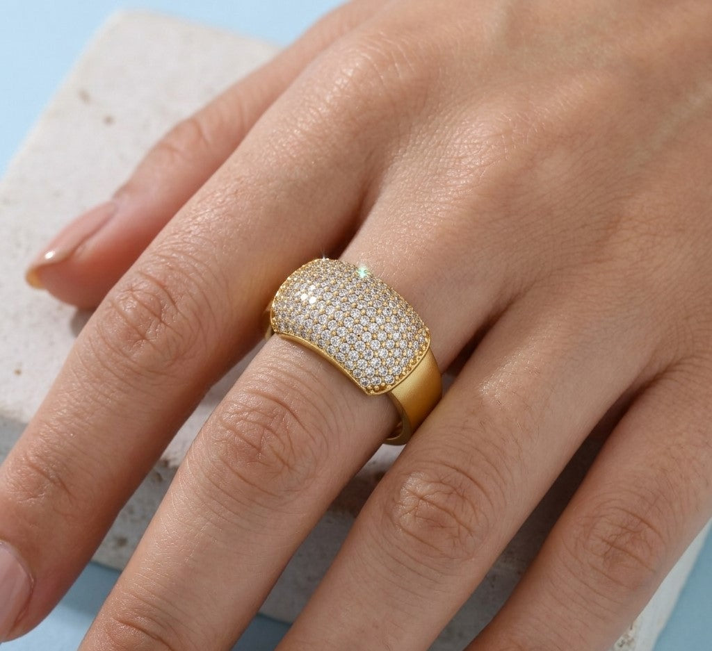 Luxury Gold-Plated Pave Statement Ring – Shimmering Zircon Geometric Band for men