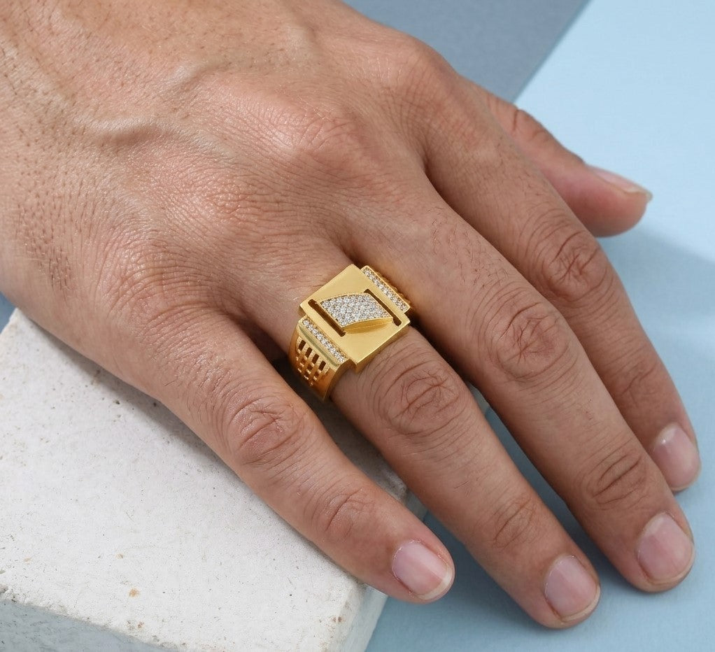 Royal 24k Gold-Plated Men’s Signet Ring – Geometric Diamond-Cut Design with Premium CZ Accents