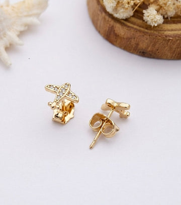 Chic Gold-Plated Airplane Stud Earrings with Sparkling Zirconia