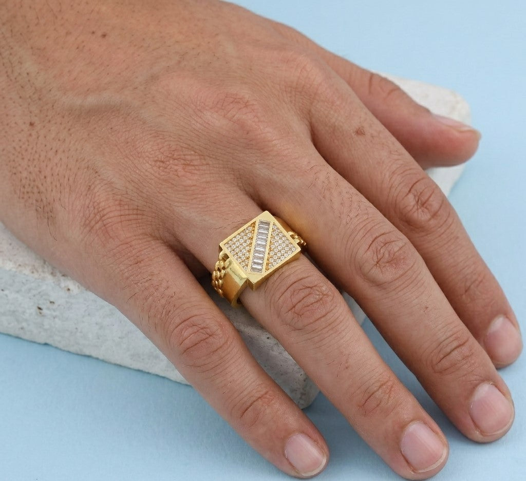 Men's Luxury Gold-Plated Baguette Signet Ring – Designer Geometric Band with Pave Accents