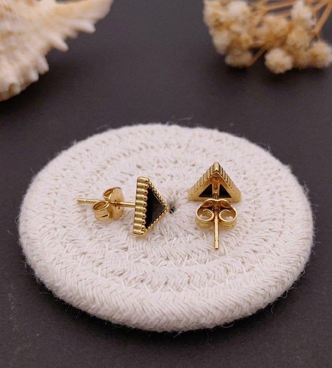Minimalist Geometric Black Stone Studs – Elegant Gold-Plated Jewelry