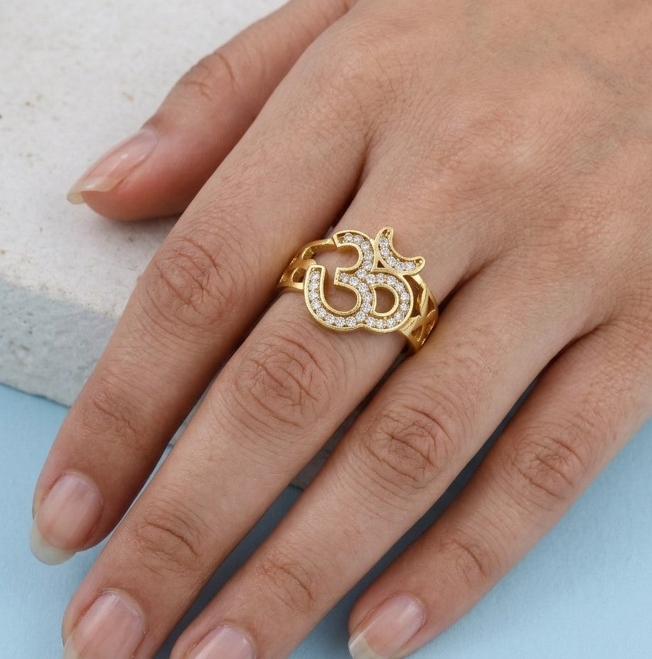 Exquisite Gold-Plated Spiritual Om Ring – Designer Band with Brilliant American Diamond Accents-1