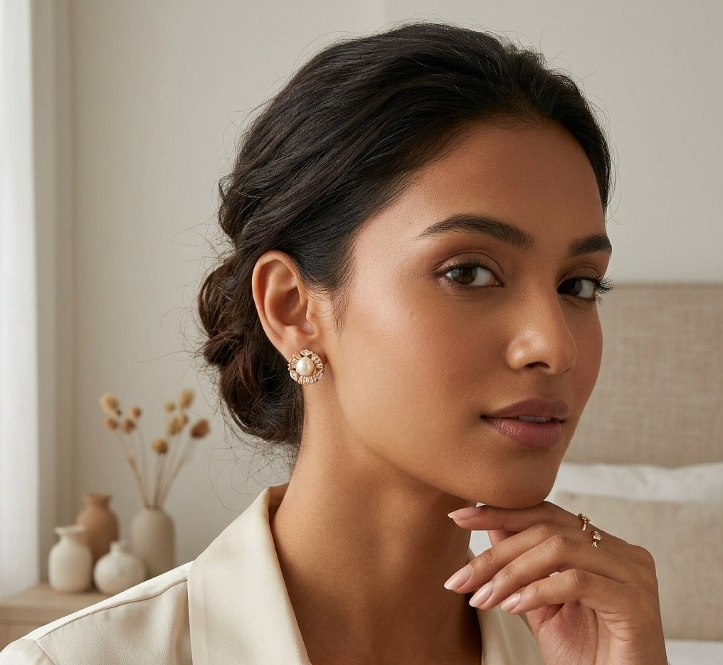 Elegant Pearl & Radiant Crystal Stud Earrings – Gold-Plated Minimalist Jewelry for Women & Girls