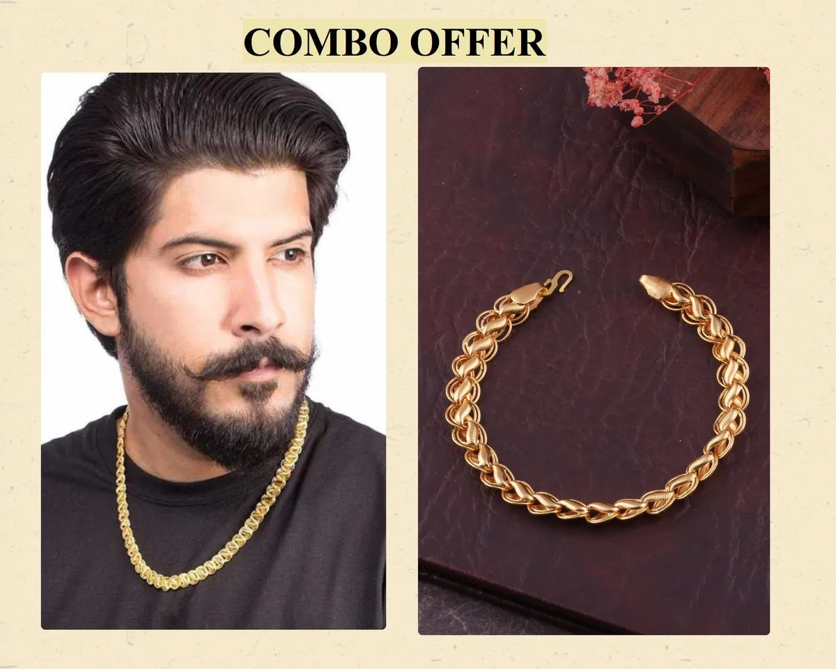 Men's Combo Offer: Heavy Look Gold Plated Chain & Bracelet Set (Braided Link)