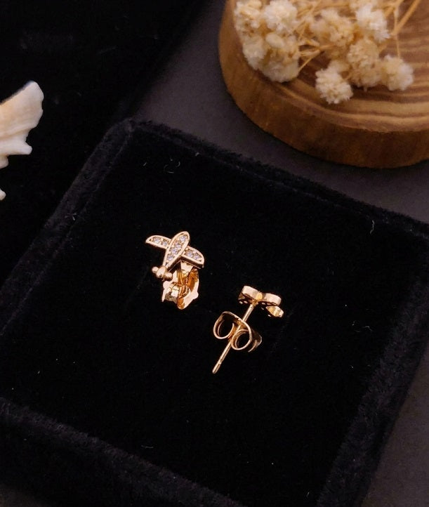 Chic Gold-Plated Airplane Stud Earrings with Sparkling Zirconia