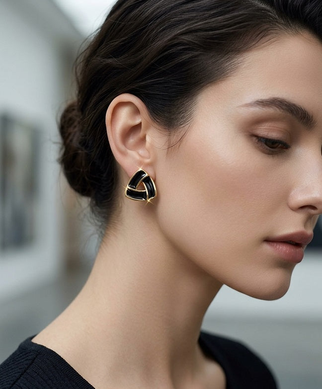 Fashionable Black & Gold Geometric Stud Earrings – Trendy Daily Wear Accessory