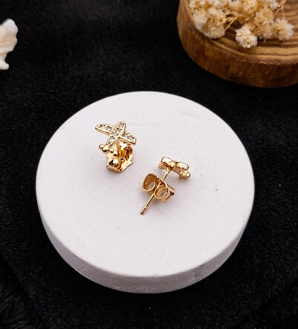 Chic Gold-Plated Airplane Stud Earrings with Sparkling Zirconia