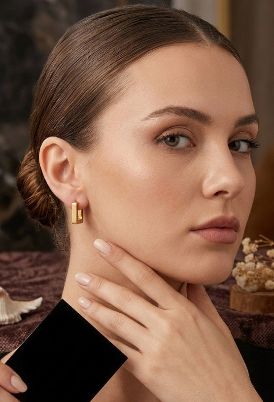 Minimalist Gold-Plated Square Hoop Earrings - Modern Geometric Huggies for Daily Wear