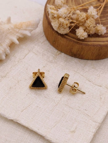 Minimalist Geometric Black Stone Studs – Elegant Gold-Plated Jewelry