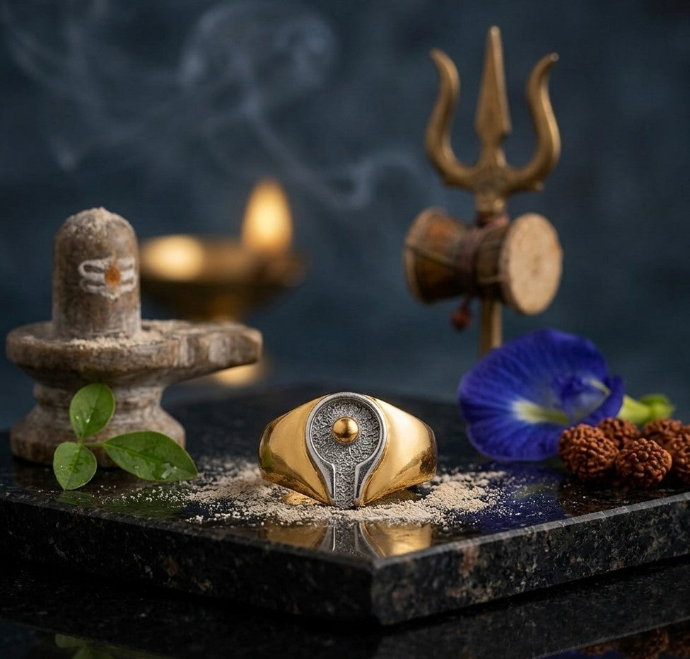 Divine Mahadev Signature Ring – Handcrafted Gold & Silver Shivalingam Design Ring