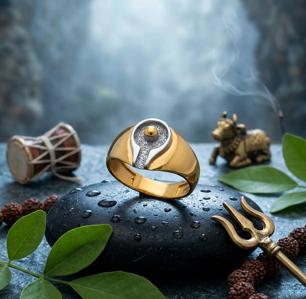 Divine Mahadev Signature Ring – Handcrafted Gold & Silver Shivalingam Design Ring