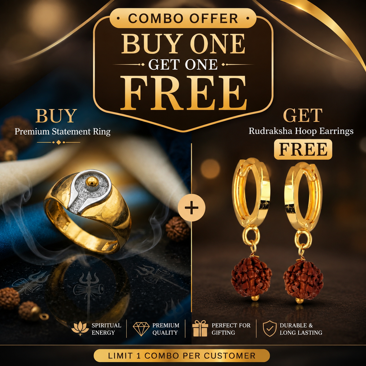 Buy 1 Get 1 Free Spiritual Jewelry Combo – Rudraksha Earrings & Gold-Tone Ring