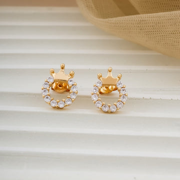Elegant Gold-Plated Crown Stud Earrings for Women & Girls | Minimalist Daily Wear Crystal Earrings