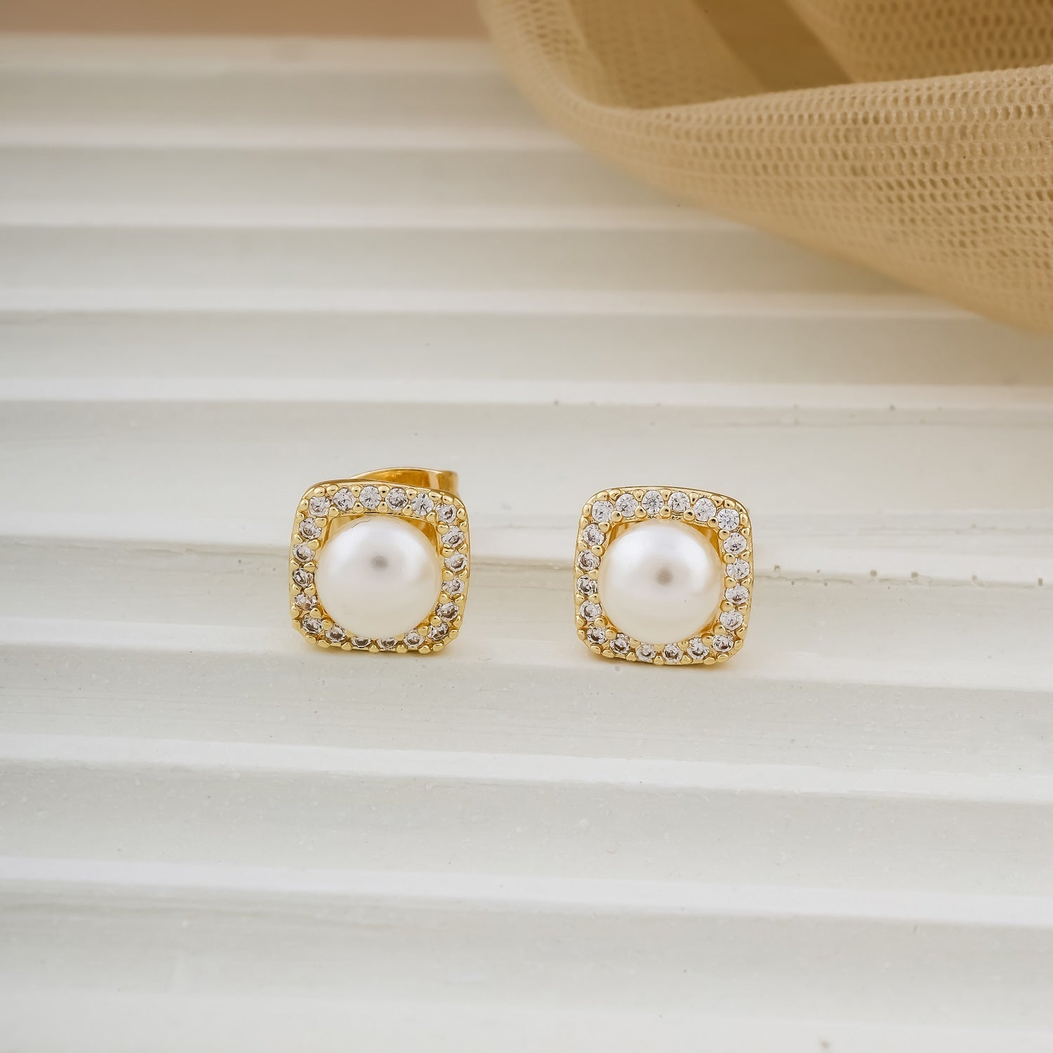 Minimalist Square Pearl Studs - Gold Finish with Sparkling Cubic Zirconia