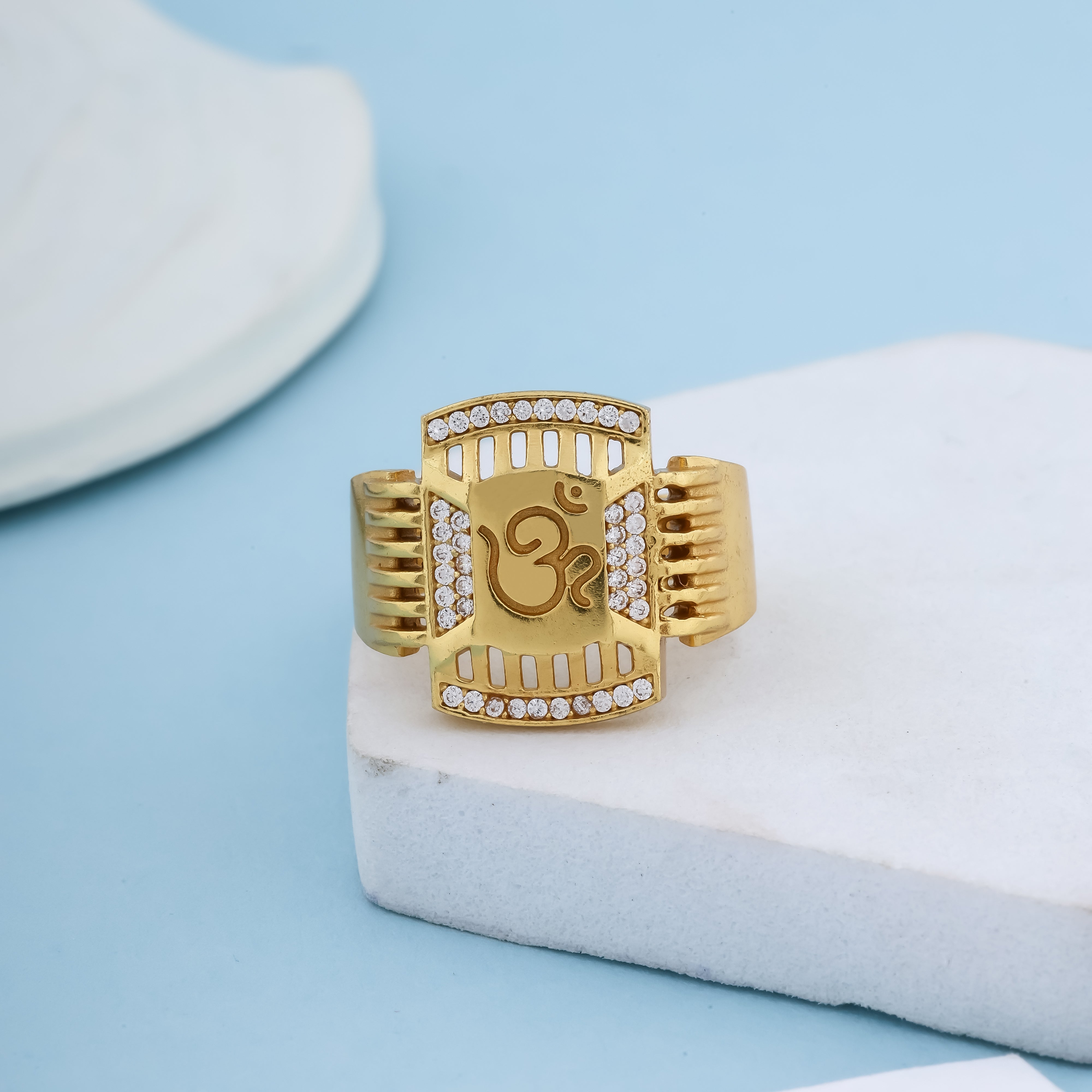 Gold-Plated Spiritual Om Ring – Adjustable Designer Band with American Diamond Accents