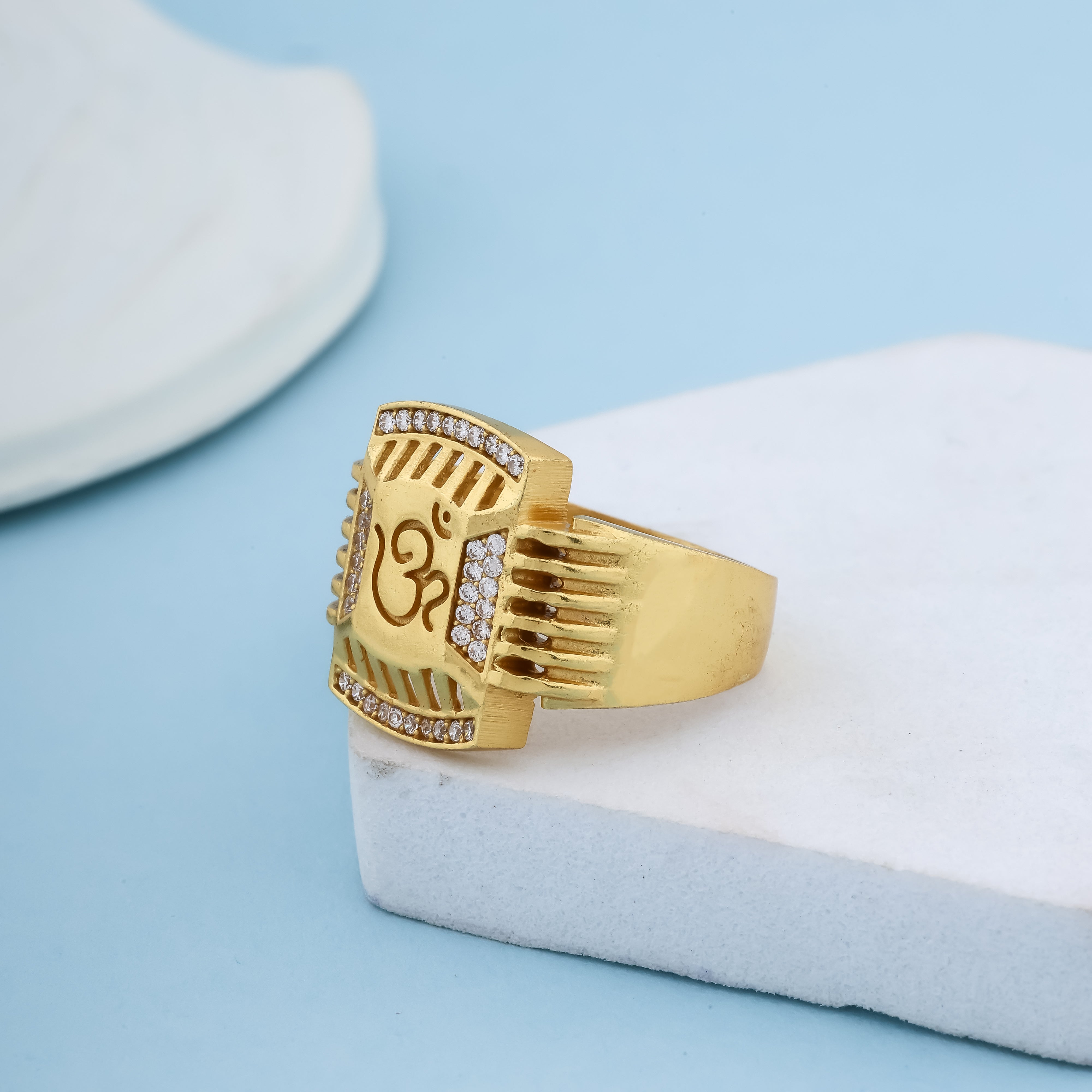 Gold-Plated Spiritual Om Ring – Adjustable Designer Band with American Diamond Accents
