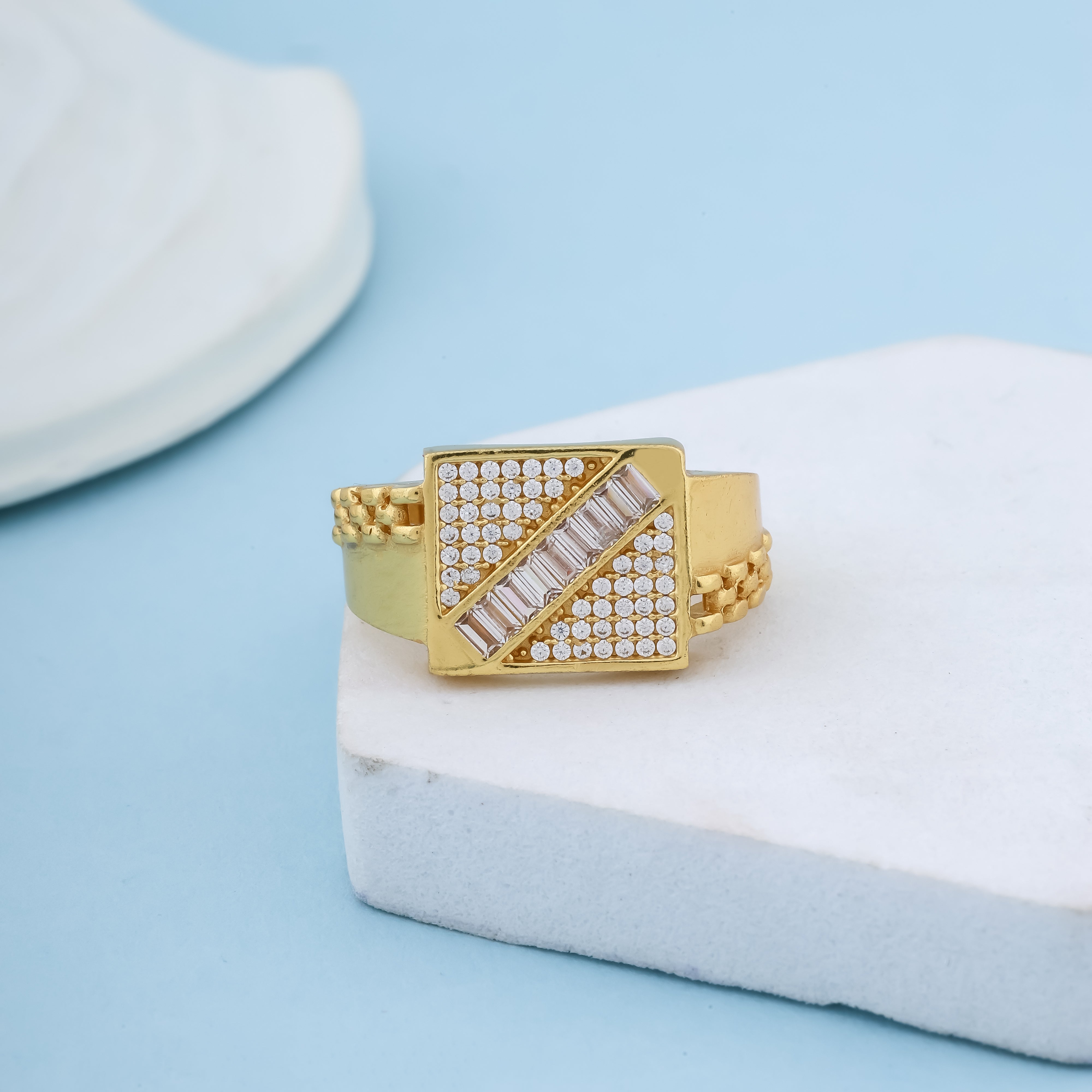 Men's Luxury Gold-Plated Baguette Signet Ring – Designer Geometric Band with Pave Accents