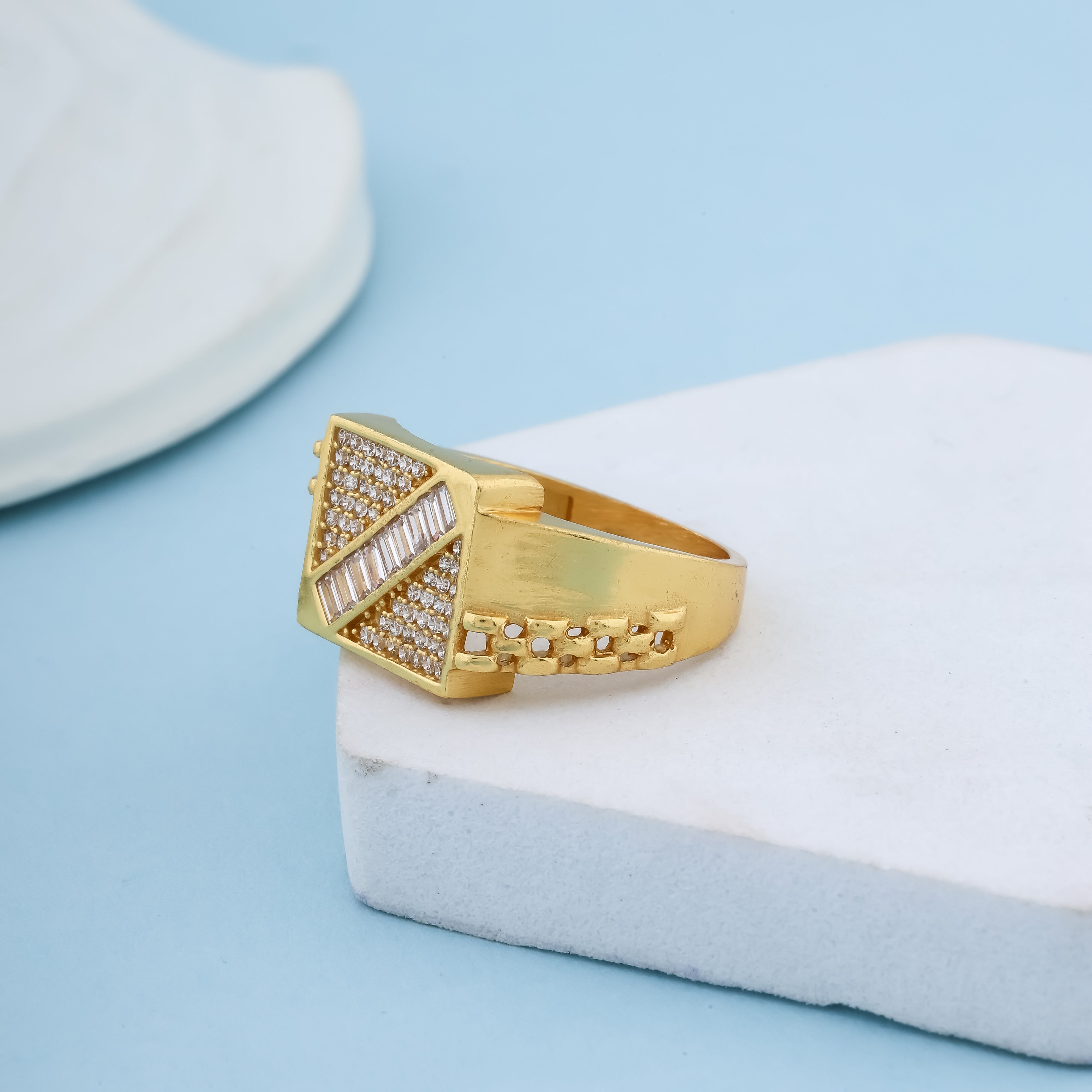 Men's Luxury Gold-Plated Baguette Signet Ring – Designer Geometric Band with Pave Accents