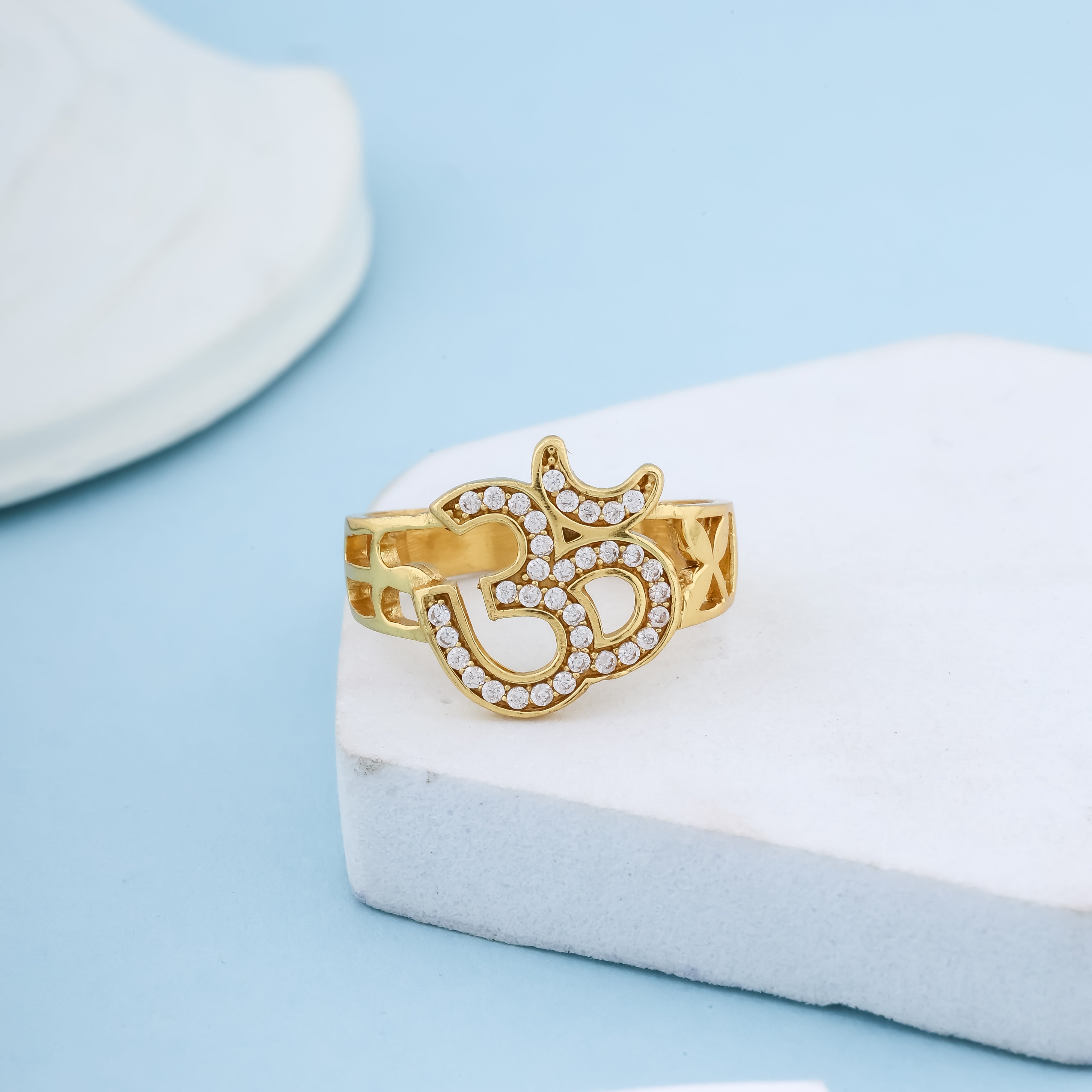 Exquisite Gold-Plated Spiritual Om Ring – Designer Band with Brilliant American Diamond Accents-1