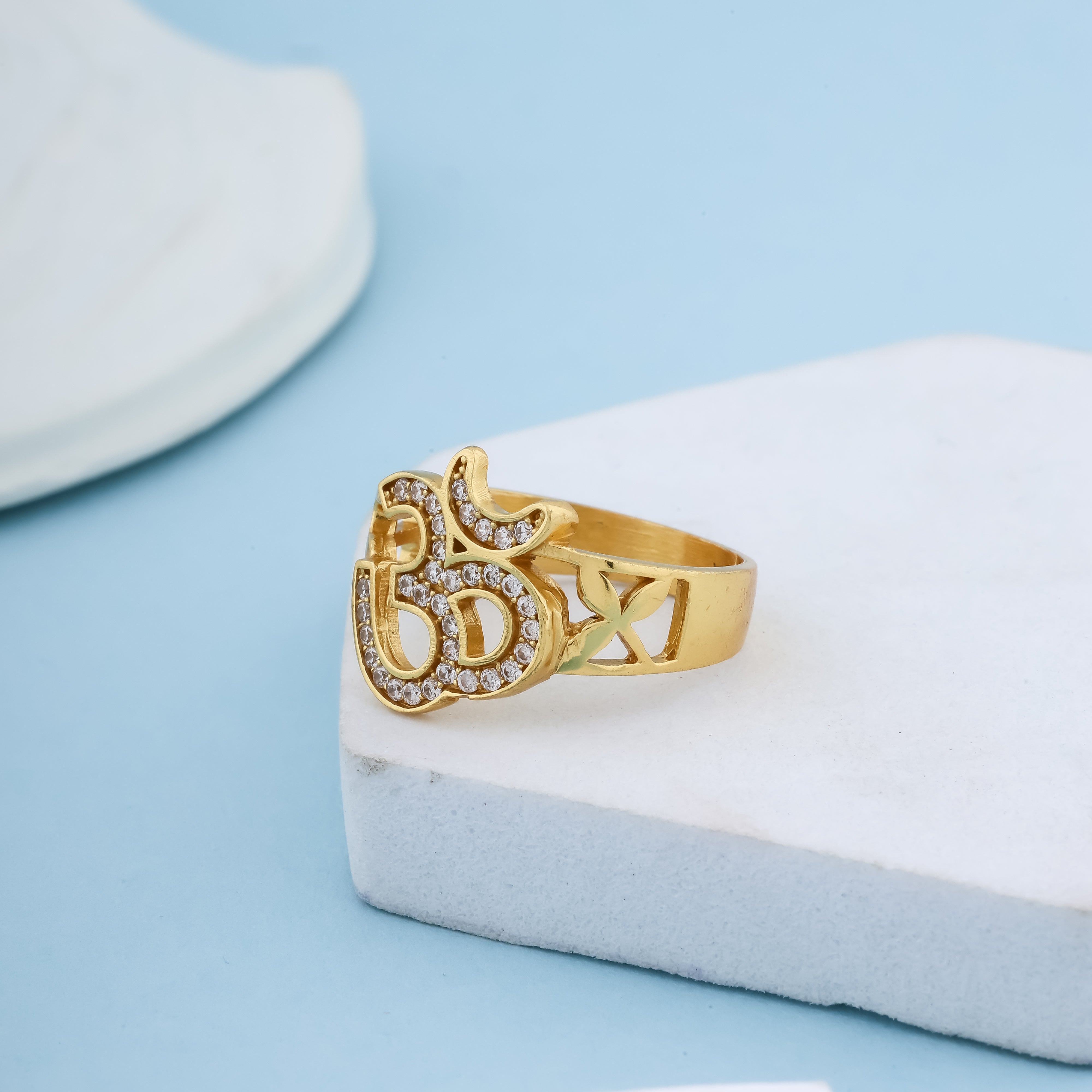 Exquisite Gold-Plated Spiritual Om Ring – Designer Band with Brilliant American Diamond Accents-1