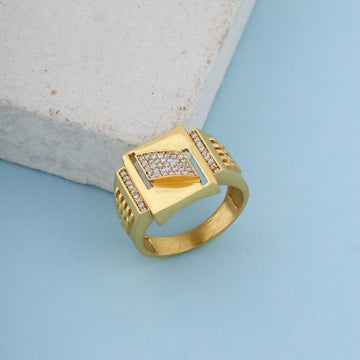 Royal 24k Gold-Plated Men’s Signet Ring – Geometric Diamond-Cut Design with Premium CZ Accents