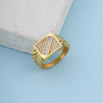 Men's Luxury Gold-Plated Baguette Signet Ring – Designer Geometric Band with Pave Accents