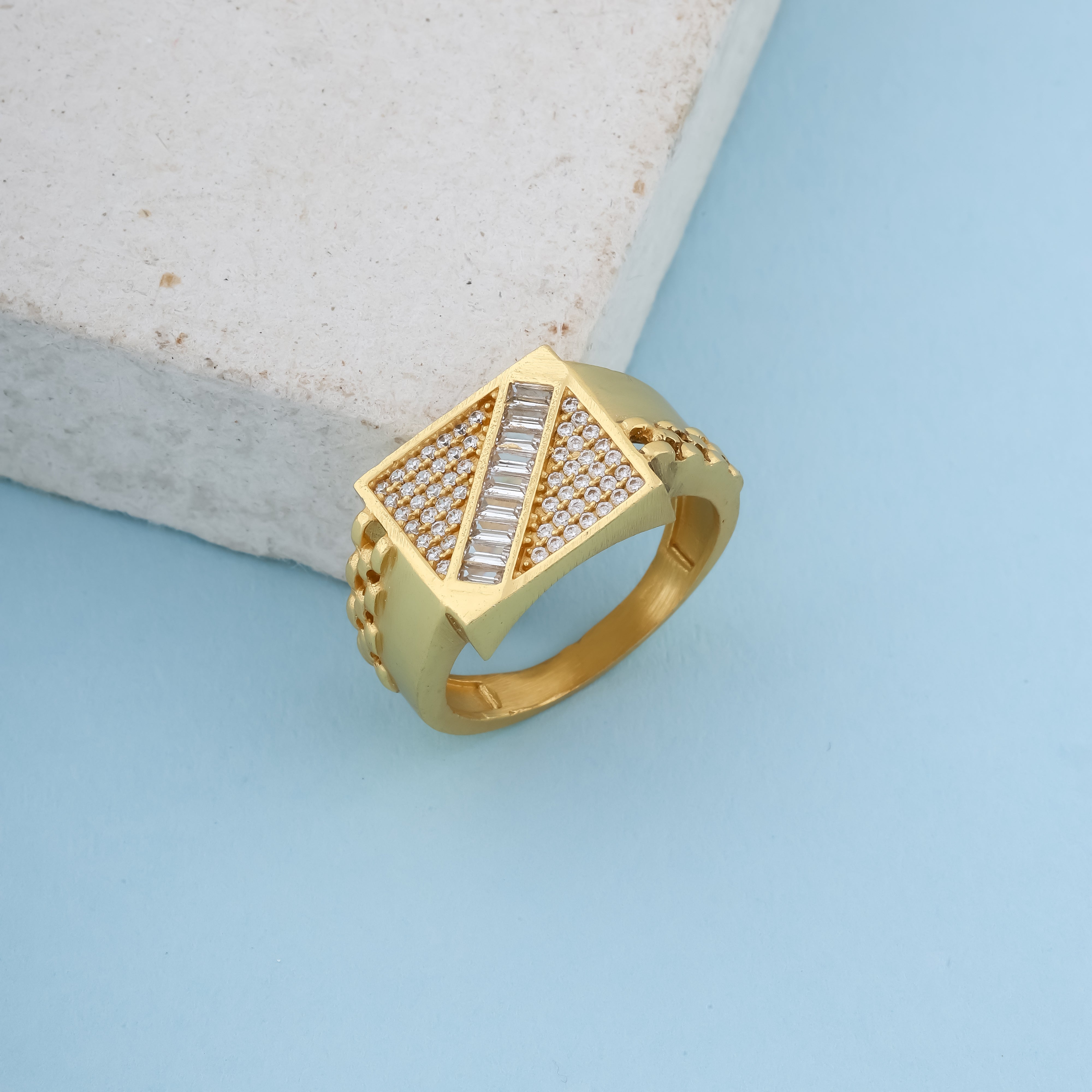 Men's Luxury Gold-Plated Baguette Signet Ring – Designer Geometric Band with Pave Accents