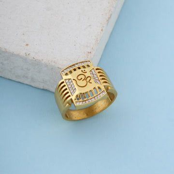 Gold-Plated Spiritual Om Ring – Adjustable Designer Band with American Diamond Accents