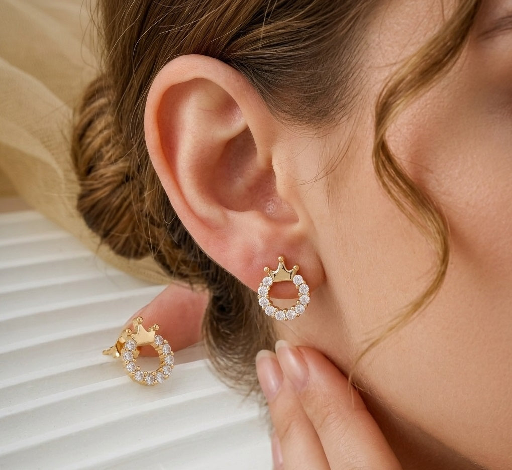 Elegant Gold-Plated Crown Stud Earrings for Women & Girls | Minimalist Daily Wear Crystal Earrings