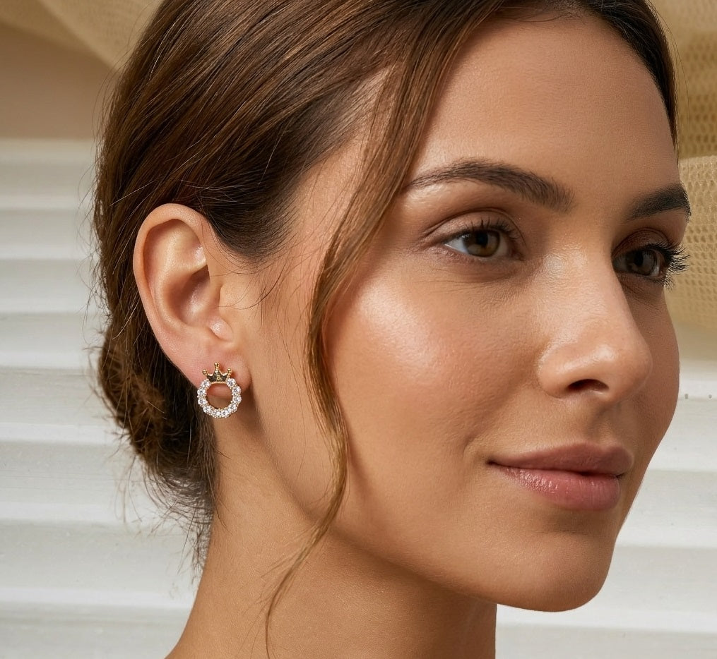 Elegant Gold-Plated Crown Stud Earrings for Women & Girls | Minimalist Daily Wear Crystal Earrings