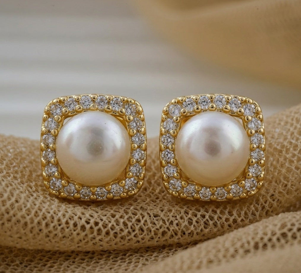Minimalist Square Pearl Studs - Gold Finish with Sparkling Cubic Zirconia