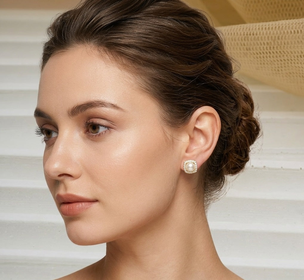 Minimalist Square Pearl Studs - Gold Finish with Sparkling Cubic Zirconia