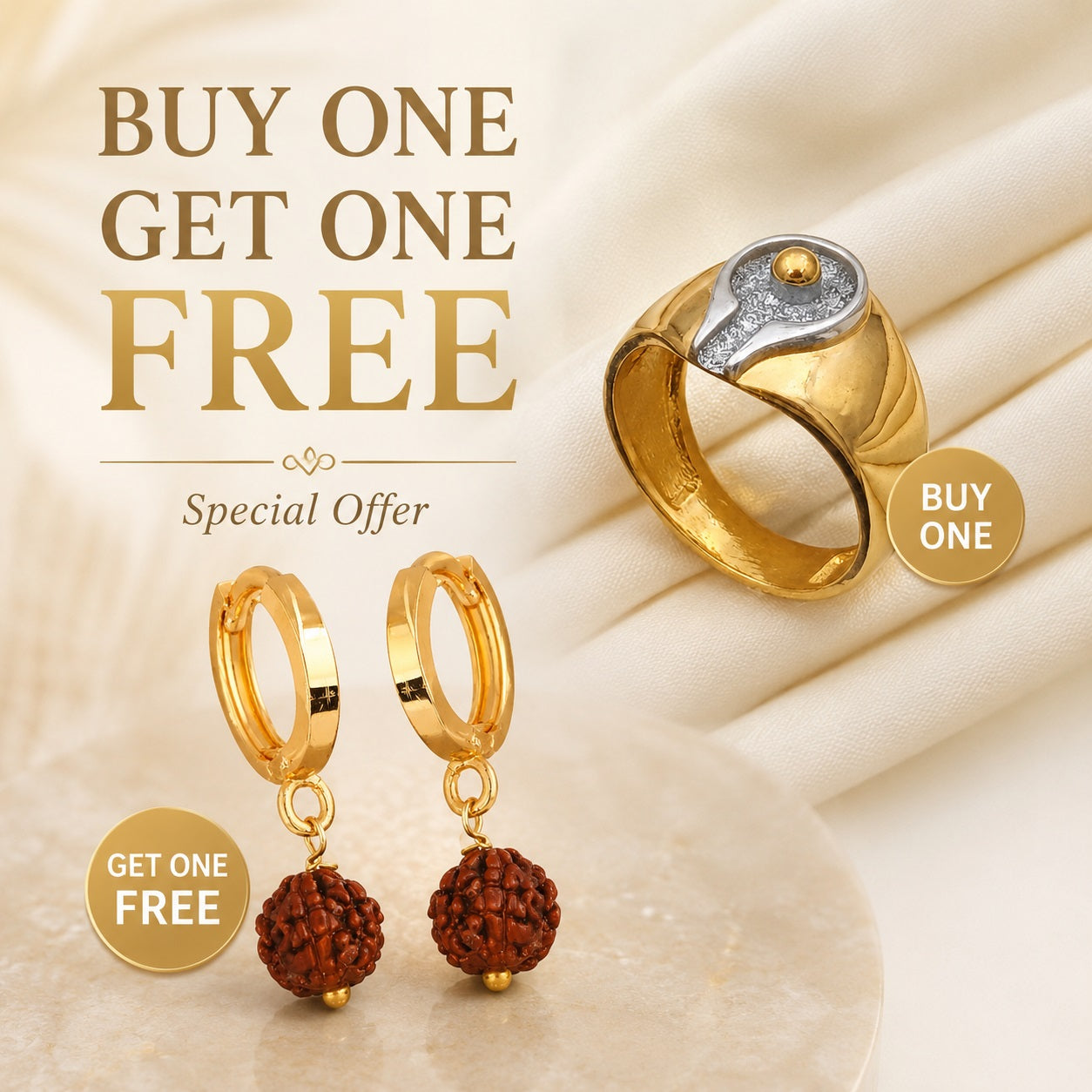 Buy 1 Get 1 Free Spiritual Jewelry Combo – Rudraksha Earrings & Gold-Tone Ring
