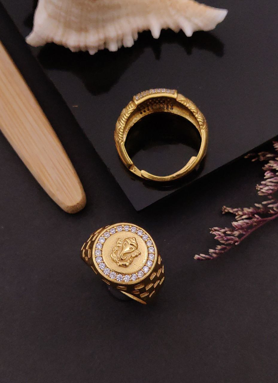 1 Gram Gold Forming Ganpati AD Diamond Free Size Finger Ring